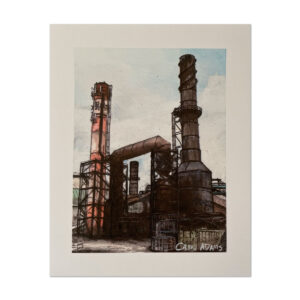 An example print of "Smoke Stacks" on Watercolor Paper.