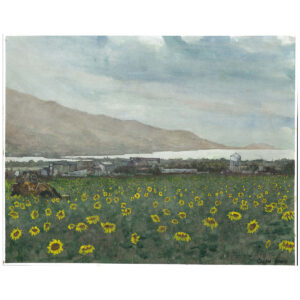 Watercolor painting of sunflower fields overlooking Maui's South Side.