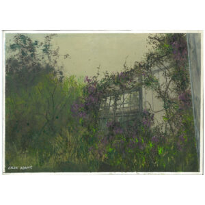 Watercolor painting of vines covering an abandoned plantation building.