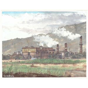Watercolor painting of Pu'unene Sugar Mill on Hansen Road.