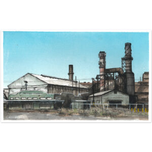Watercolor landscape painting of Pu'unene Sugar Mill.
