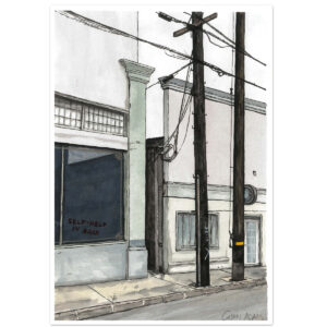 Watercolor painting of building with "Self Help" sign.