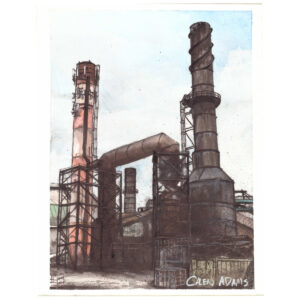 Watercolor landscape painting of Pu'unene Mill's smoke stacks.