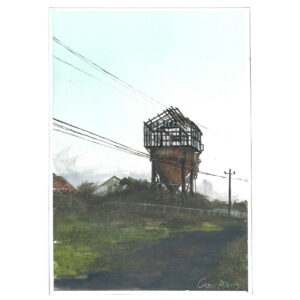 Watercolor painting of a sugar mill tower.