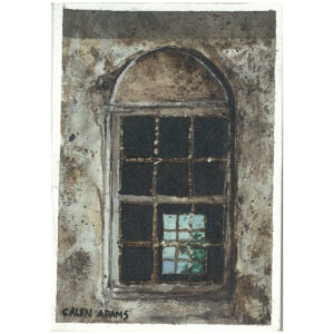 Watercolor painting of a window through an old window.
