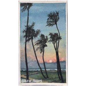 Watercolor painting of coconut palms and a blue and pink Maui sunset.